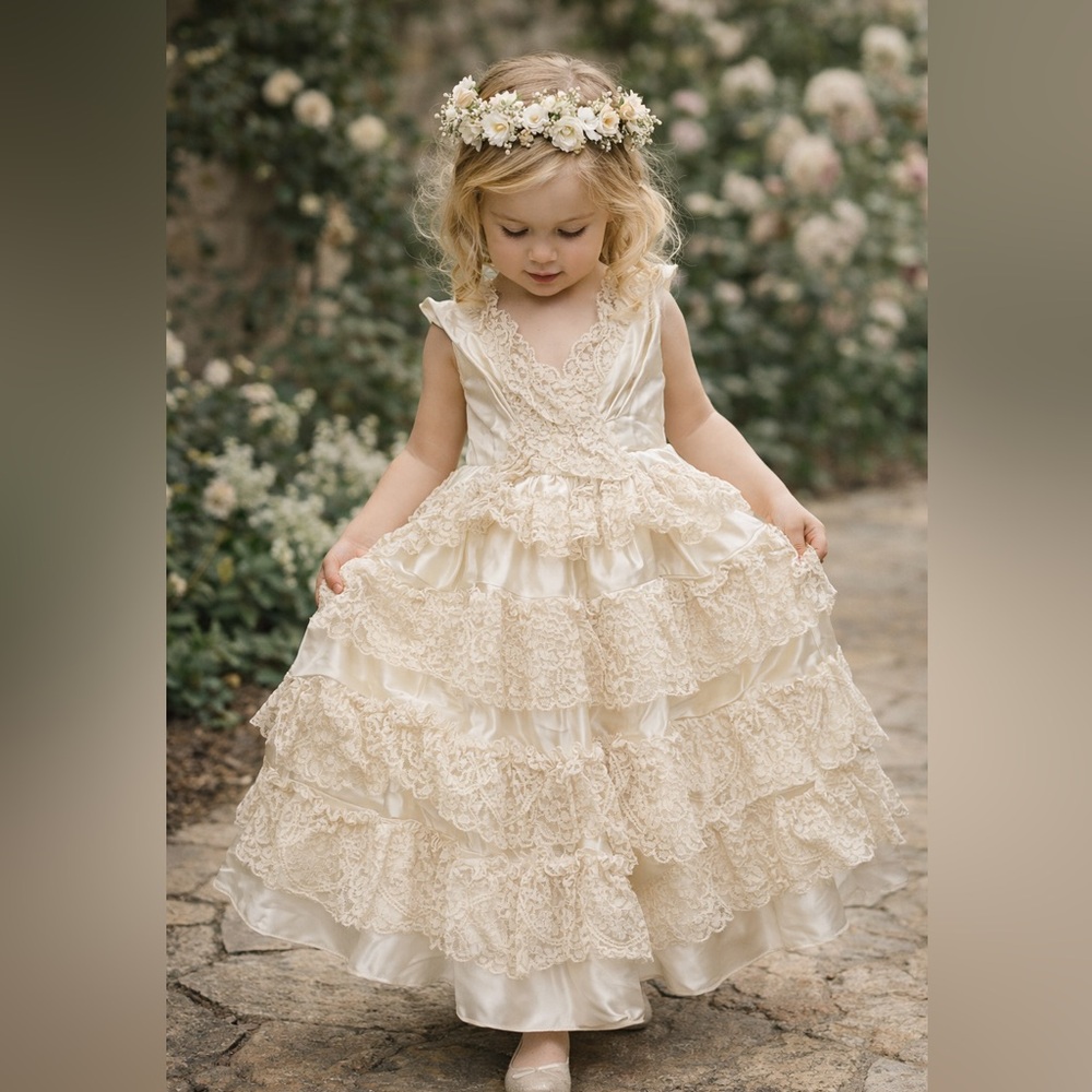 Vintage Ivory Lace Flower Girl Dress Satin Tiered Lace Girls 2T 3T Wedding